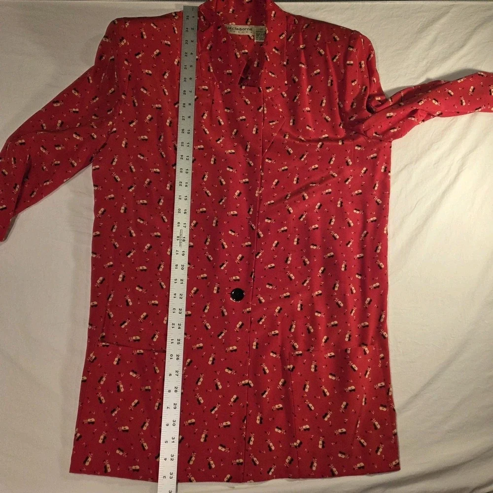 Vintage Liz Claiborne Silk Longline Blazer Guitar Print Long Sleeve Y2K, Size 12